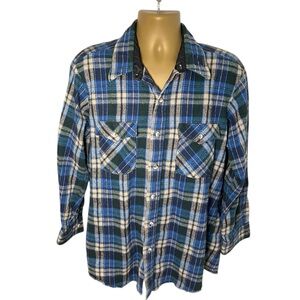 Vintage 90s Key Workwear Plaid Flannel Shirt Quilted Lining Button Front Blue XL
